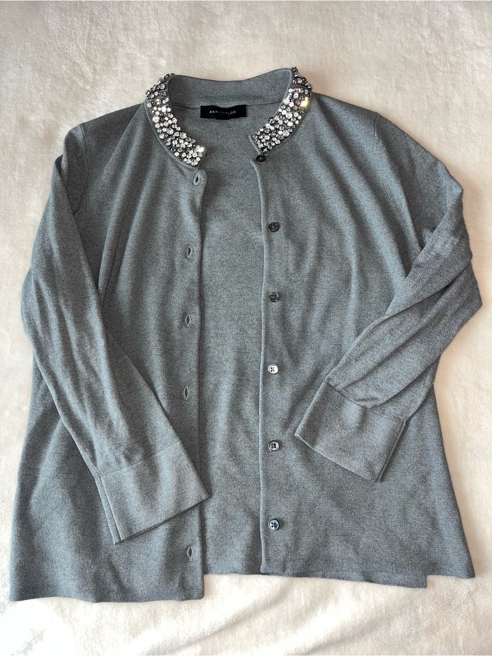 Ann Taylor Gray Jeweled Collar Cardigan Button Down Sweater Womens Medium